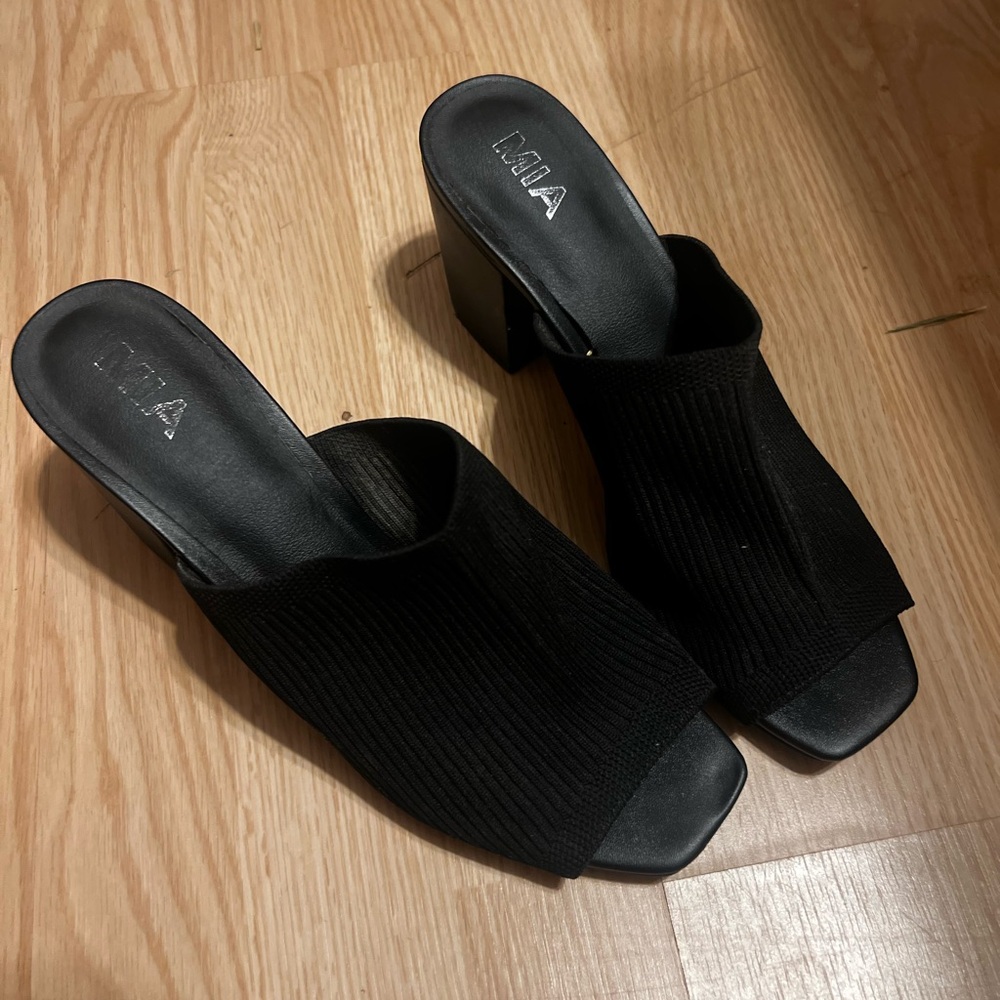 MIA Black Knit Open-Toe Mules